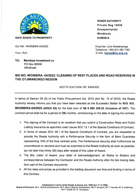 Award letter from Roads Authority