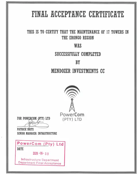 Final acceptance certificate from PowerCom