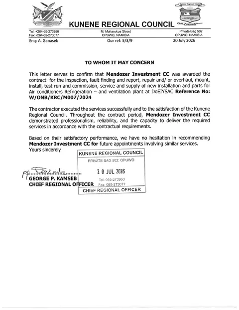 Reference letter from Kunene Regional Council