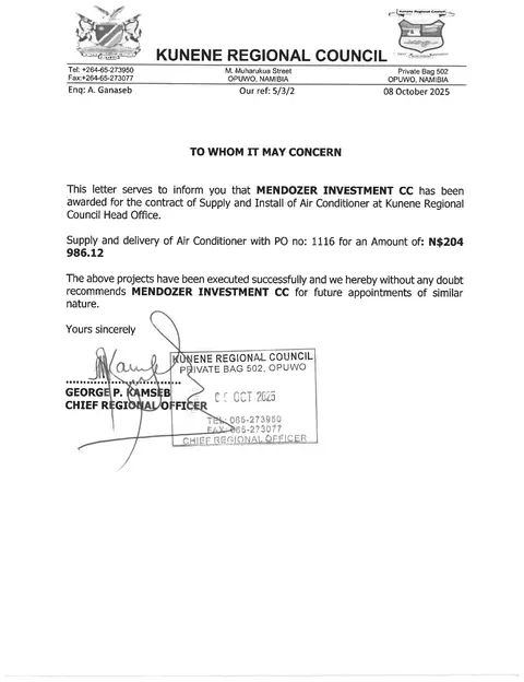 Reference letter from Kunene Regional Council