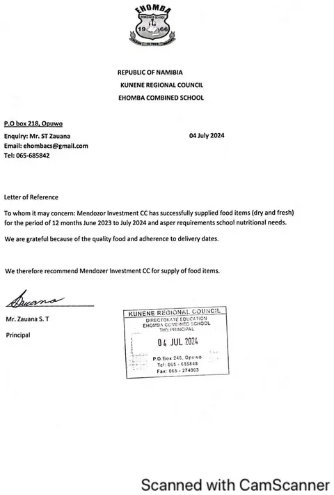 Reference letter from Ehomba Combined School