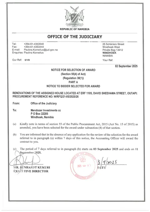 Award notice from Office of the Judiciary