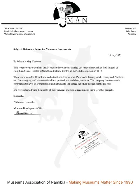 Reference letter from Museums Association of Namibia