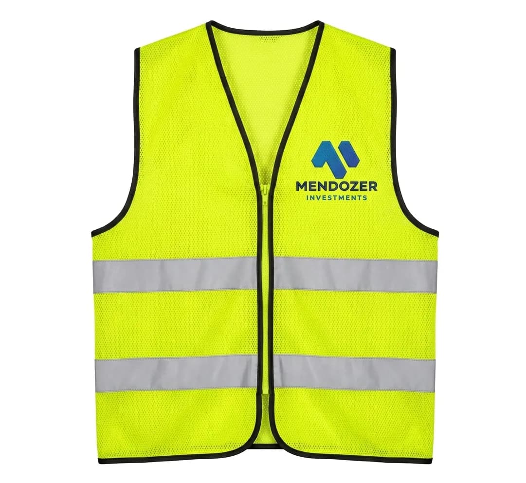 Mendozer-branded marshal safety vest laid flat
