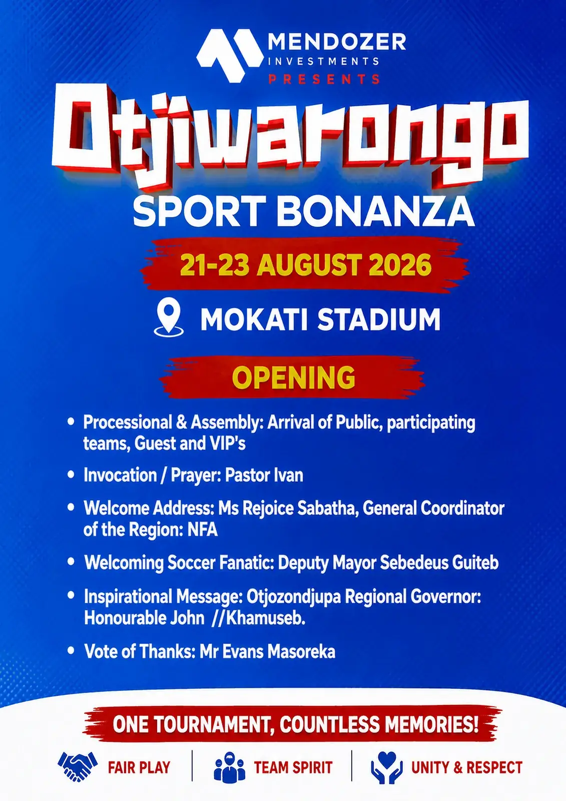 Opening programme poster for Otjiwarongo Sports Bonanza at Mokati Stadium