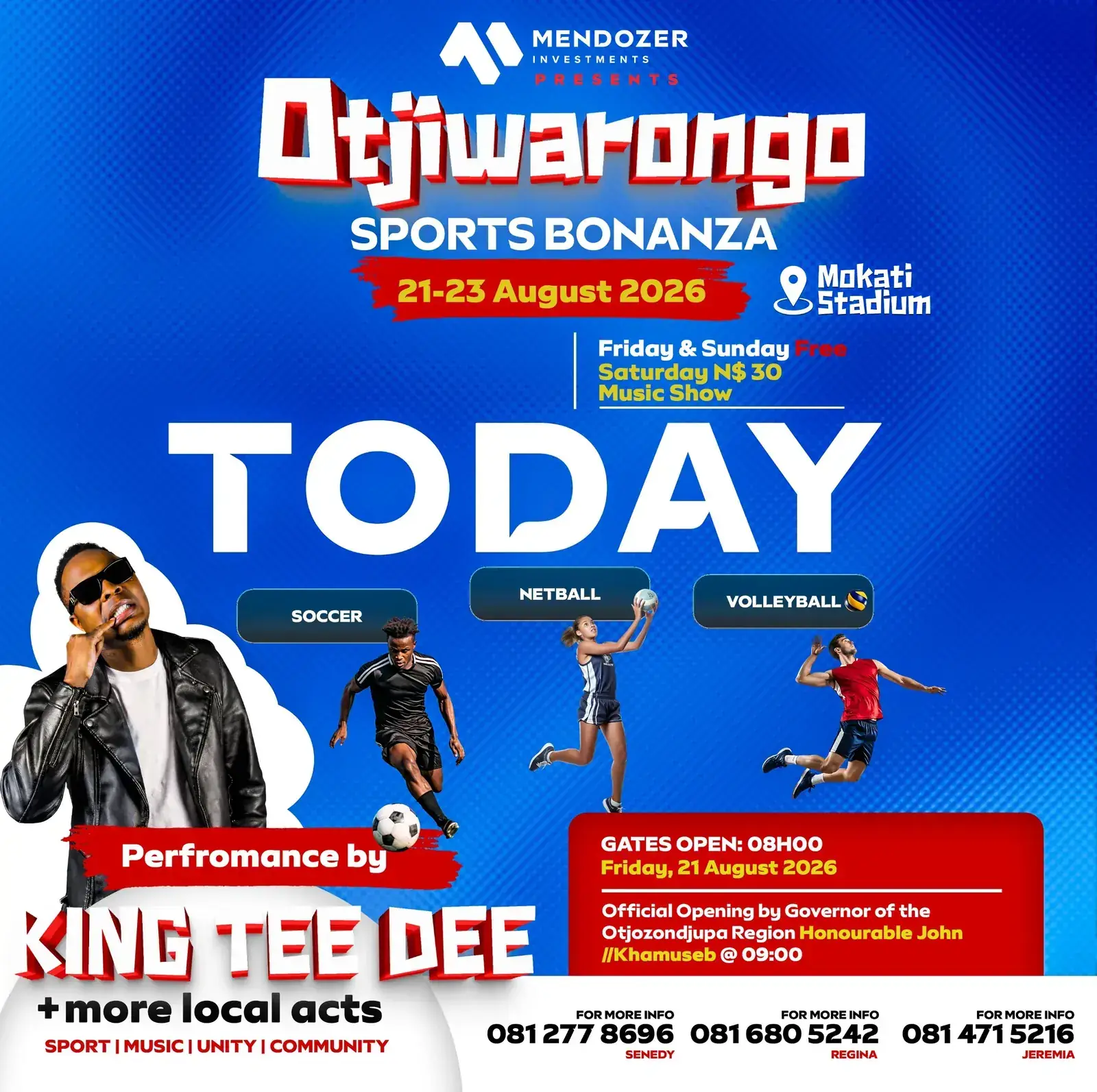 Today announcement poster: gates open 08:00 Friday 21 August 2026 at Mokati Stadium