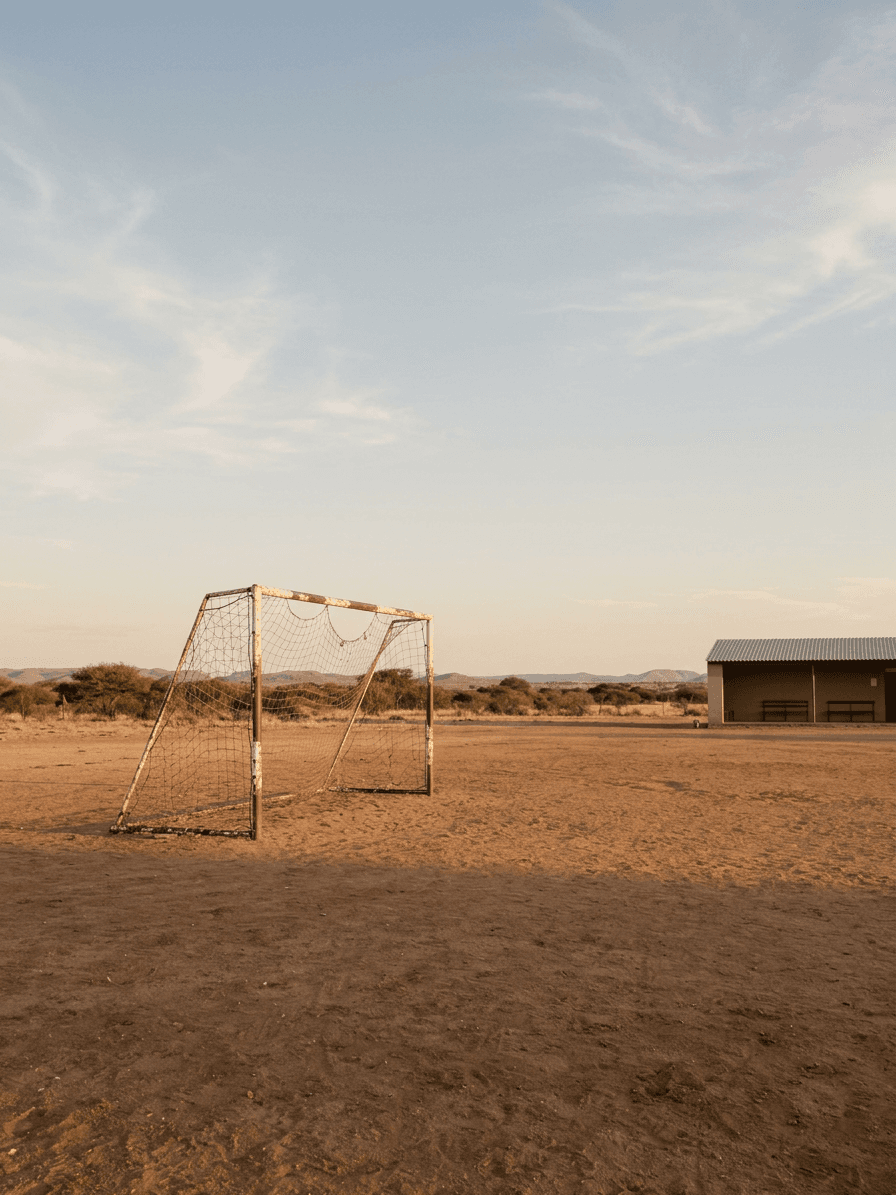 An empty local sport ground with a weathered football goal and low pavilion